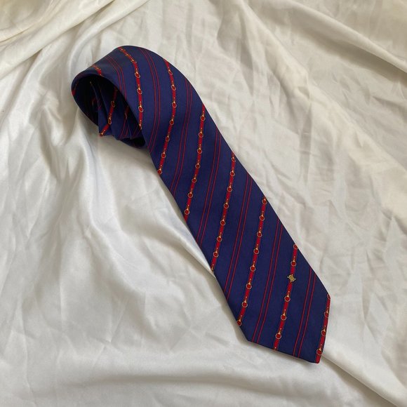 Celine Paris blue red stripped silk luxury men's neck tie - Picture 6 of 9